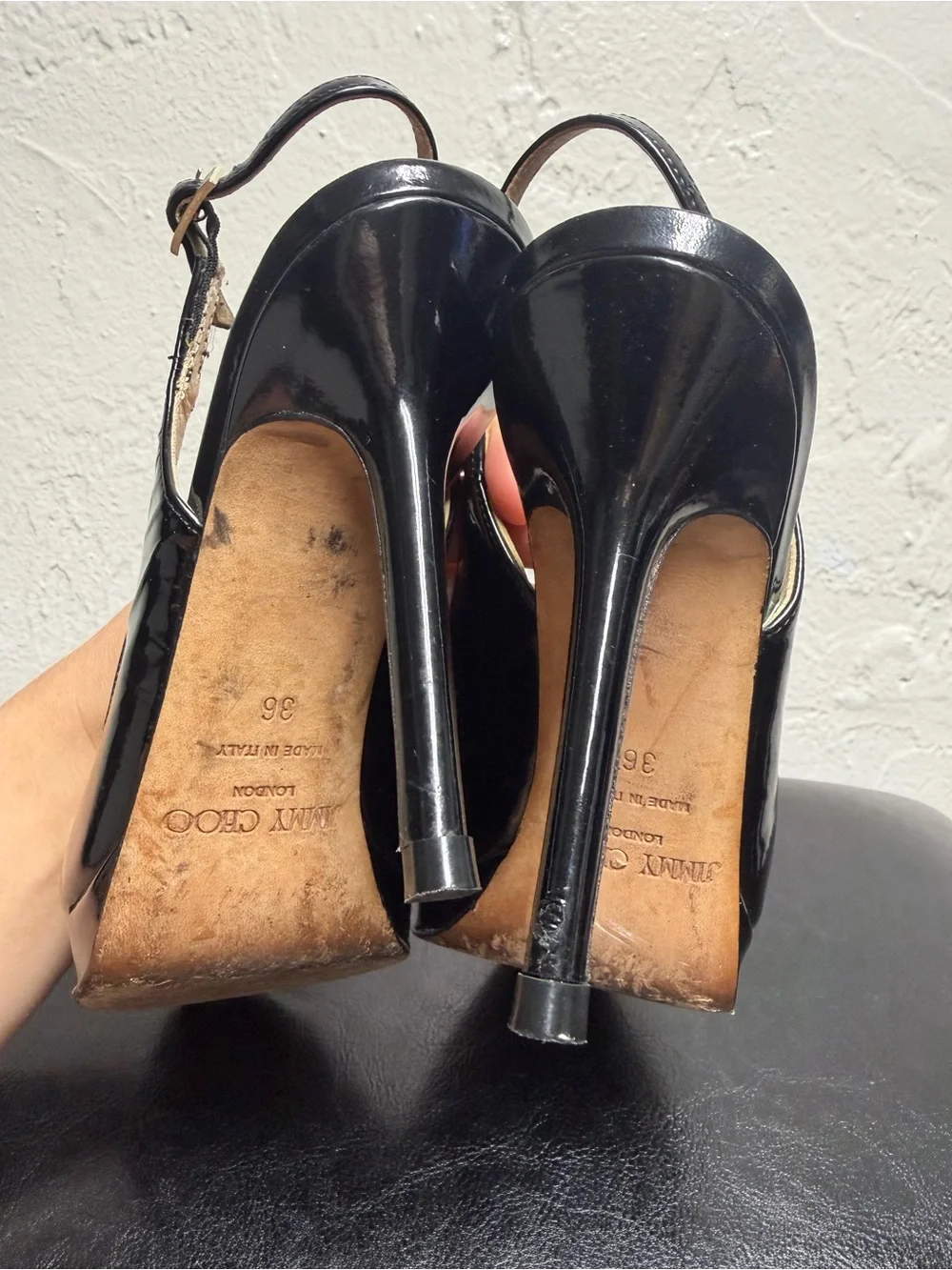 Jimmy Choo Black Patent Leather Peep-Toe Slingback Heels